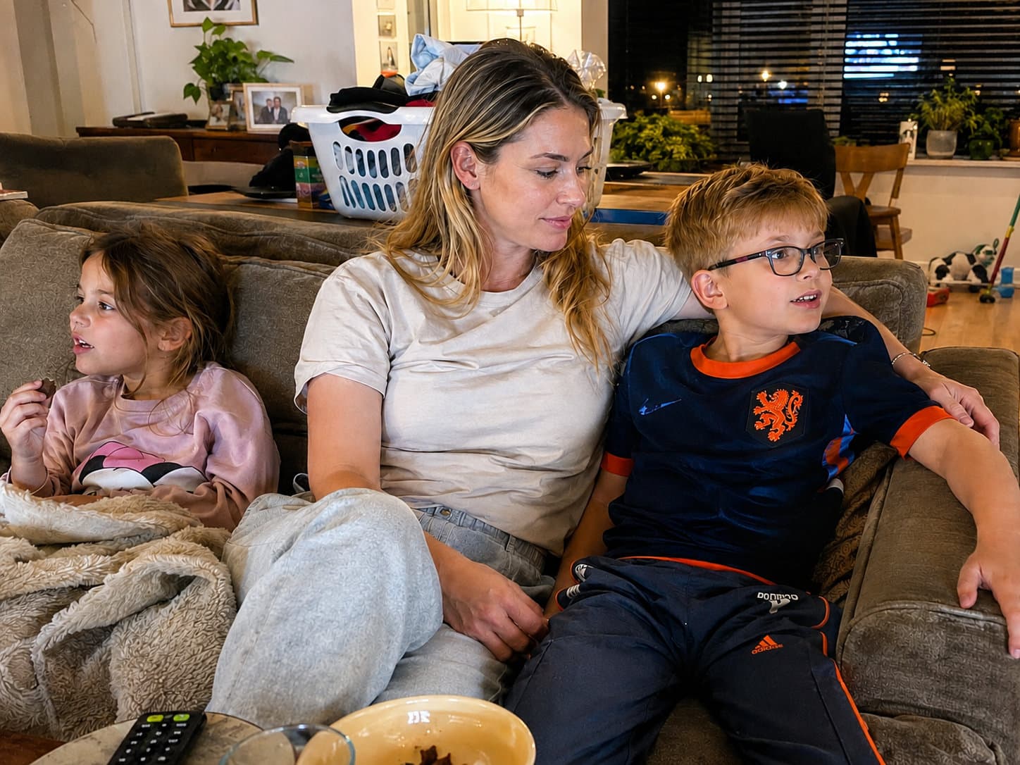 Vrouw zit 's avonds met haar twee kinderen op de bank